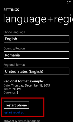 language + region restart windows phone