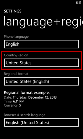 language + region windows phone
