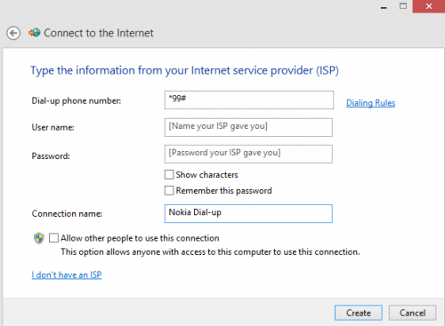 dial up connection form windows