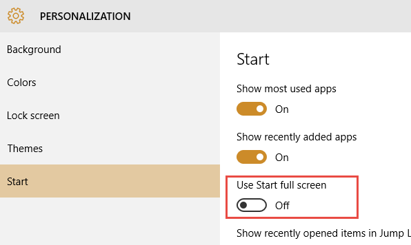 Use Start Full Screen Windows 10