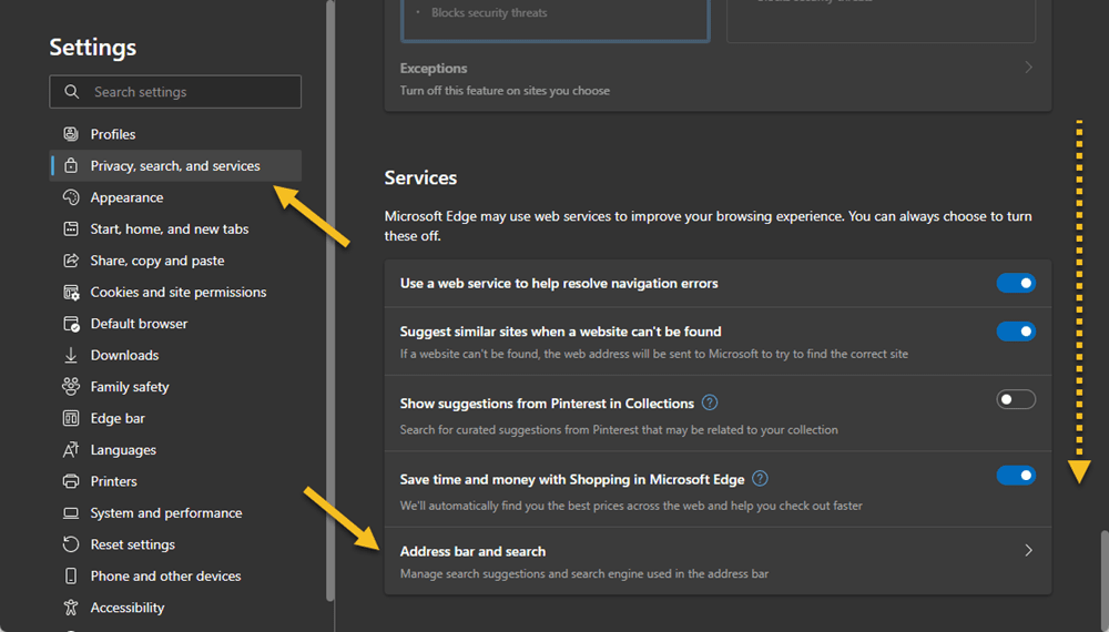 Microsoft Edge Settings page