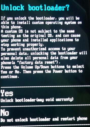 Unlock Bootloader confirmation screen