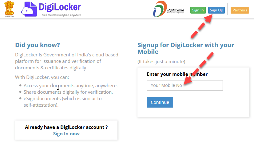DigiLocker Website Signup