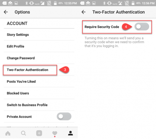 enable two factor authentication toggle instagram