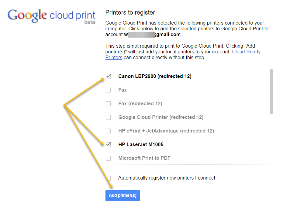 Select Local Printers to Add to Cloud Print