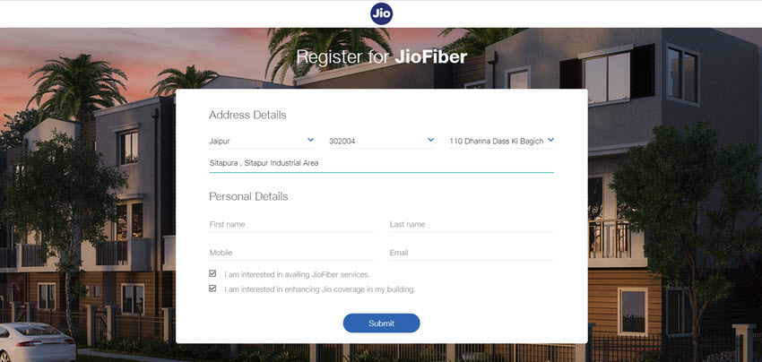 Register interest in Jio Fiber Services