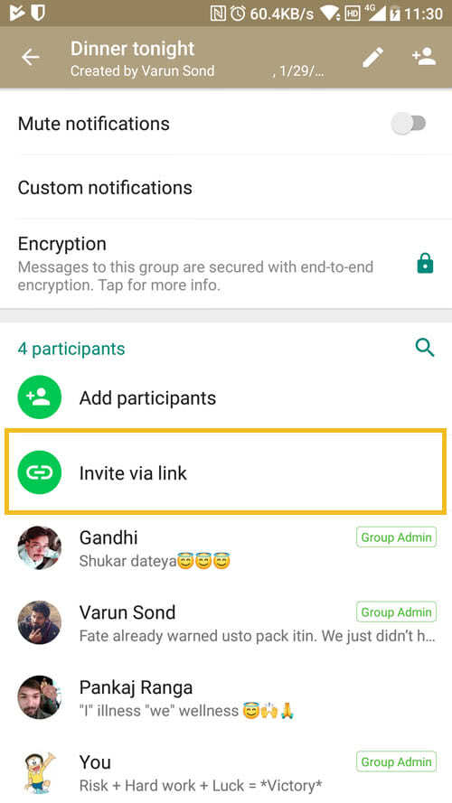 WhatsApp Group Info page
