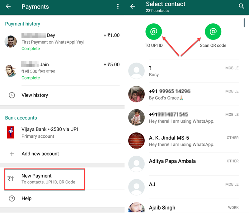 Send money to UPI address and QR code using WhatsApp