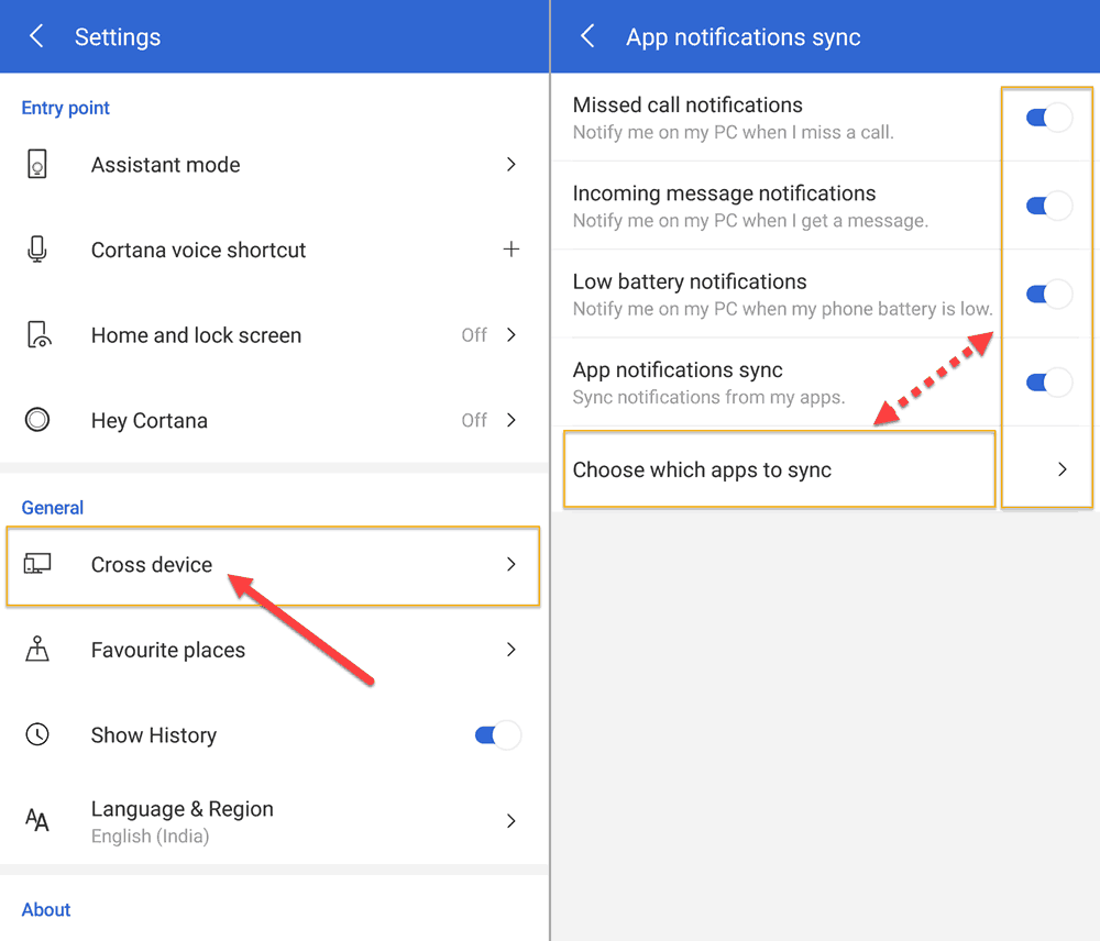 Cortana Notification sync options
