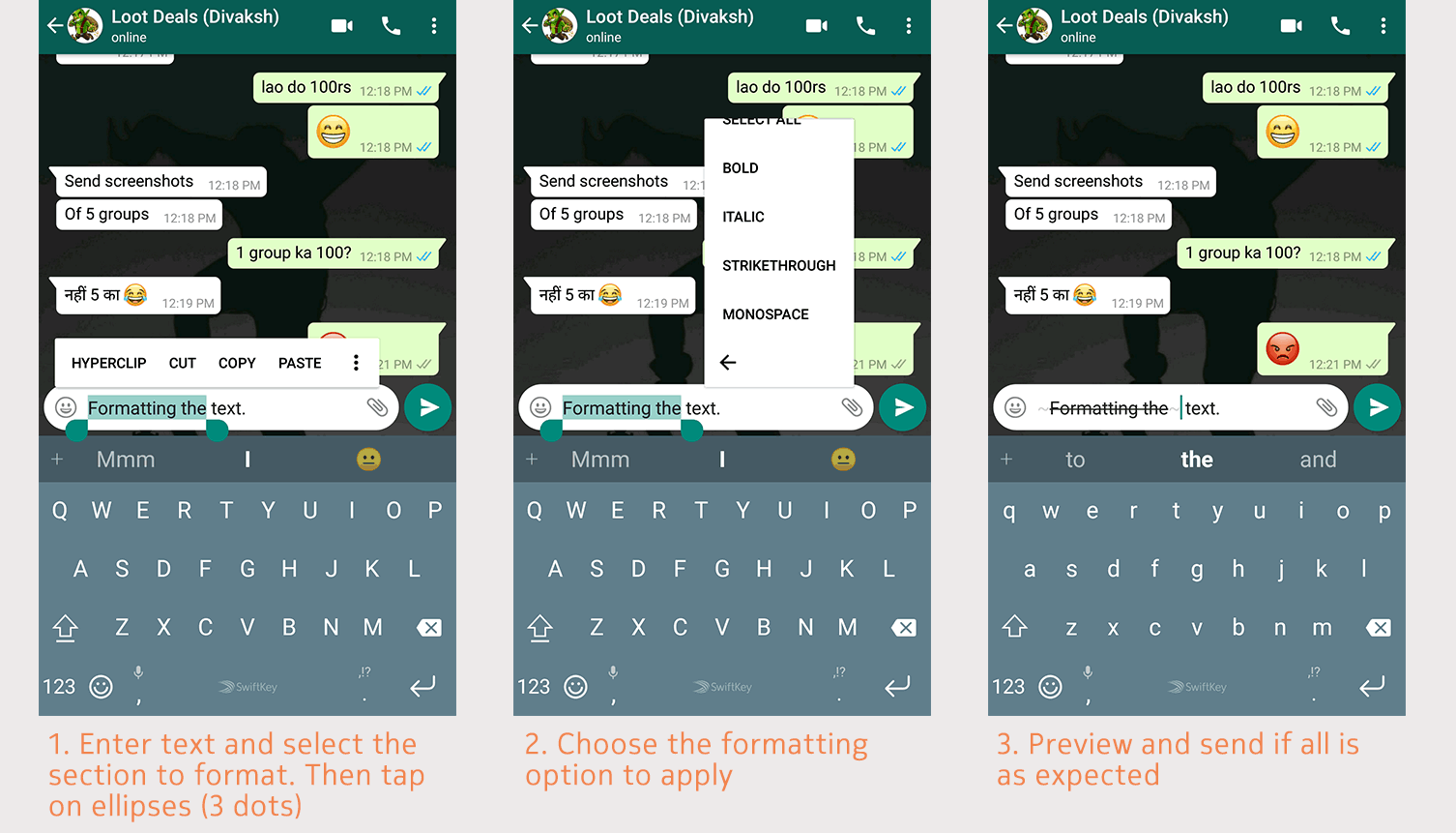 Format messages as bold, italics, monospace and strikethrough on WhatsApp