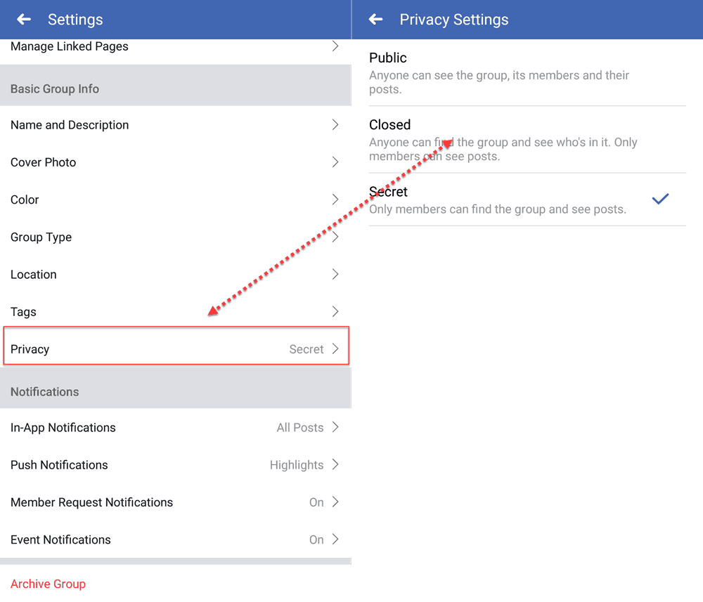 Make changes to group privacy setting on Facebook Android app