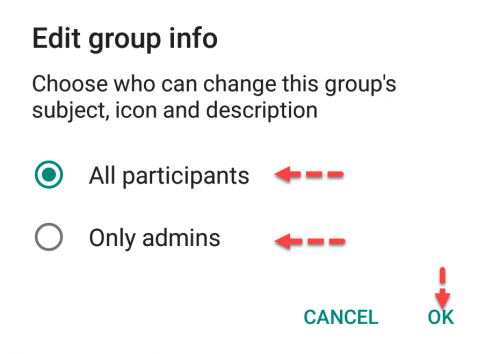 Edit WhatsApp group info permissions