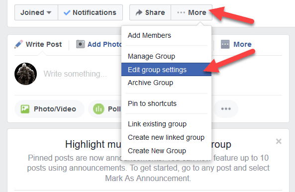 Edit Facebook group settings