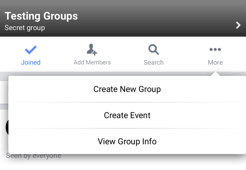 Group options in mobile version of Facebook