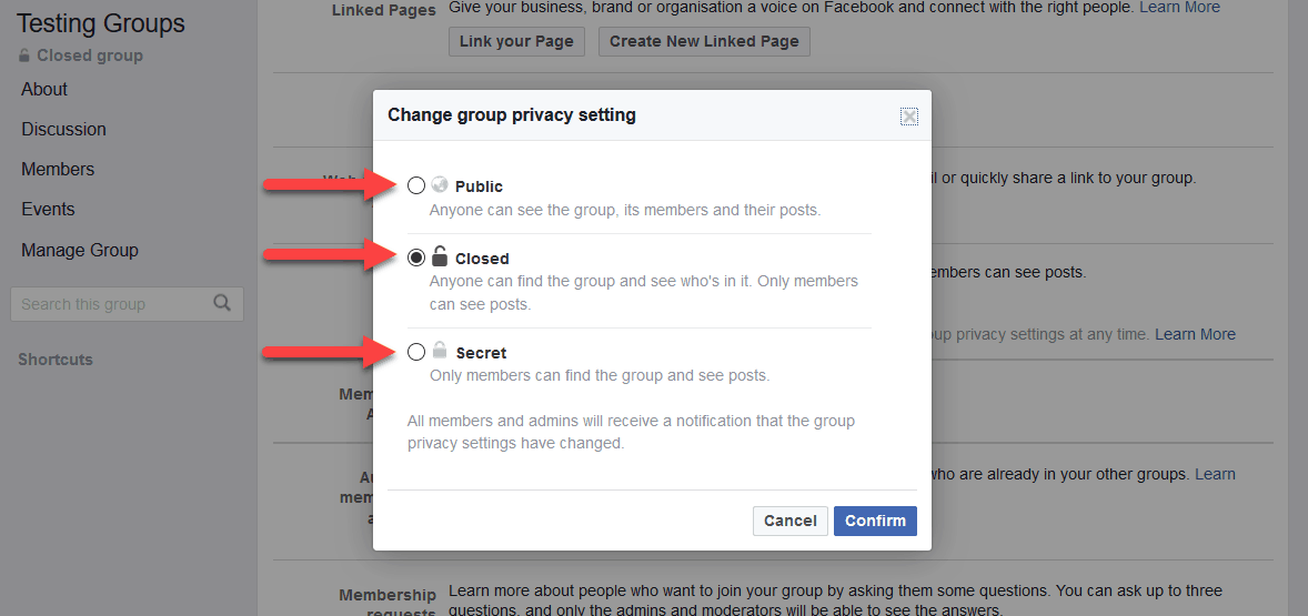 Edit group privacy setting on Facebook desktop
