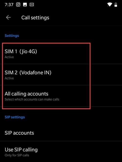 SIM card for call settings in OnePlus 6