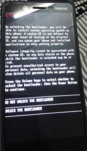 Nokia bootloader unlock confirmation screen