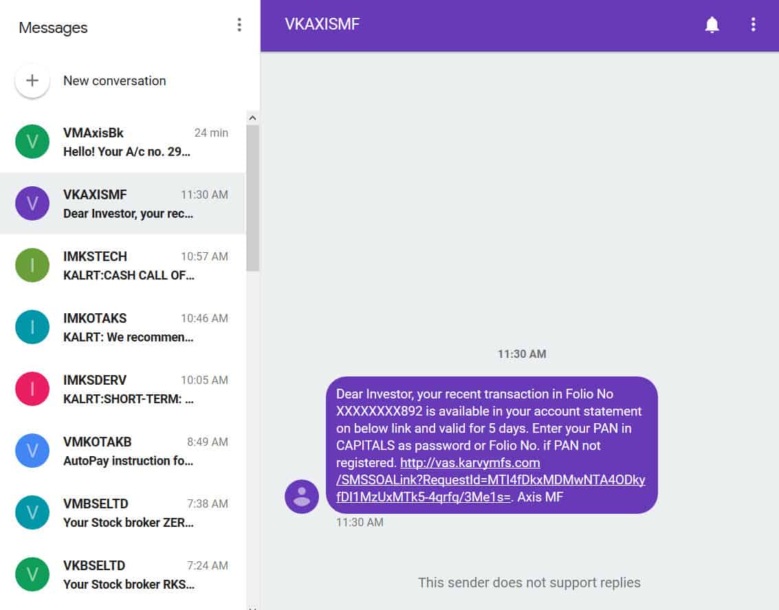 Full interface of Android Messages for Web