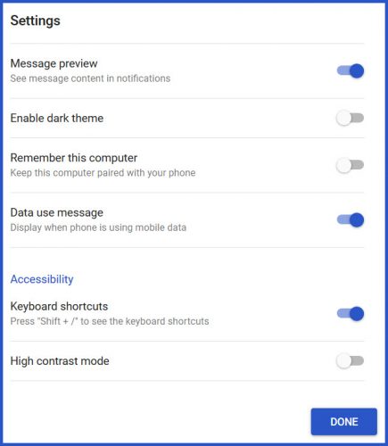 Settings for Android Messages for Web