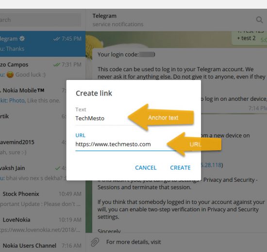 Create link in Telegram Desktop