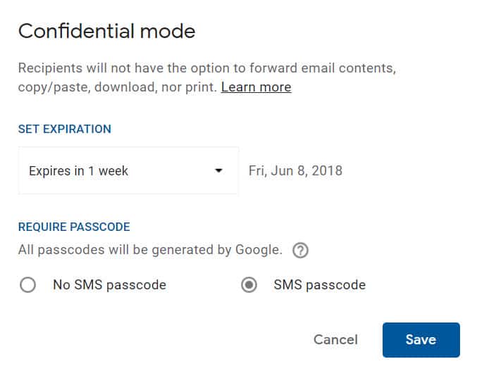 Gmail's confidential mode settings