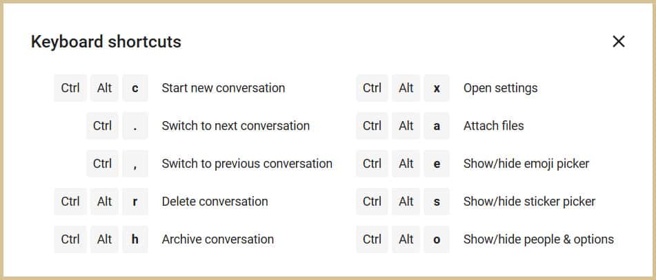 Keyboard shortcusts supported by Android Messages for Web
