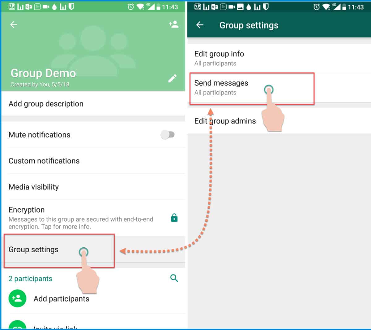 WhatsApp group settings for Send messages permission