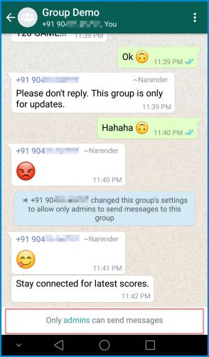 Image of WhatsApp group as it appears to members when only admins are allowed to post.