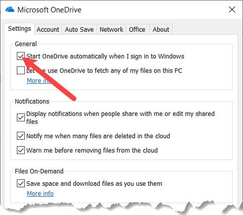 OneDrive Settings - Start OneDrive automatically
