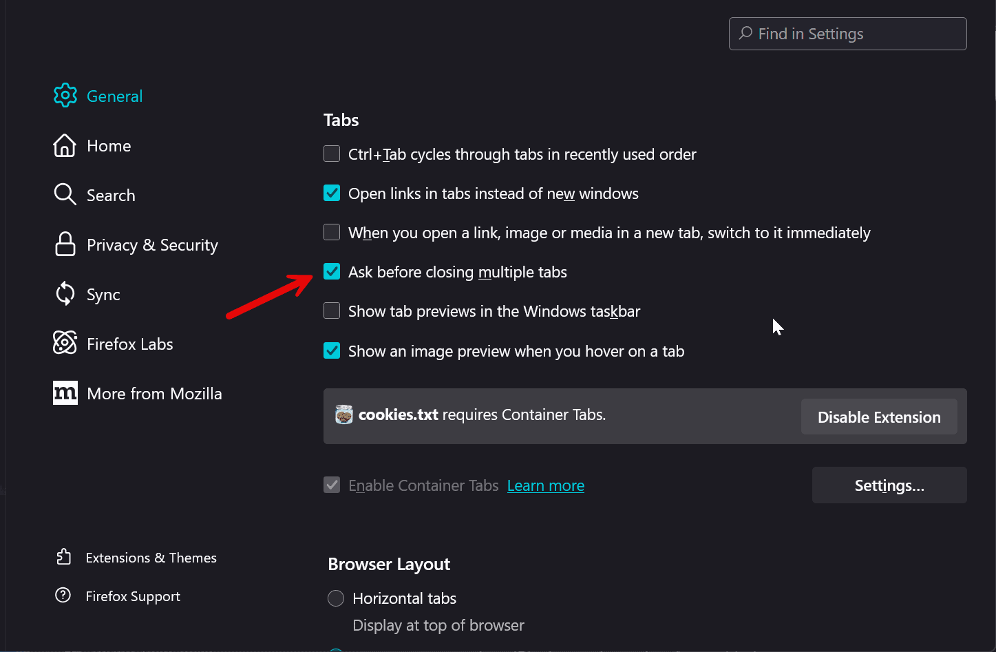 Firefox settings page highlighting the setting to "Ask before closing multiple tabs"