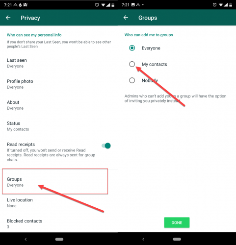 WhatsApp Group Privacy options