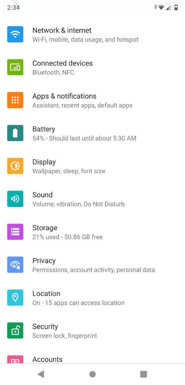Settings app on Android Q