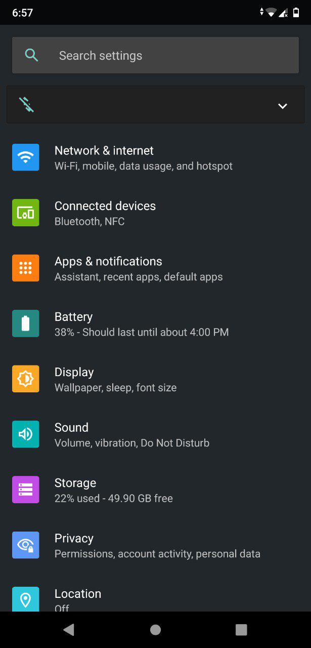 Settings in Android Q (Dark Mode)