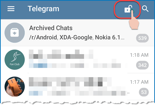 Lock Telegram manually using padlock icon
