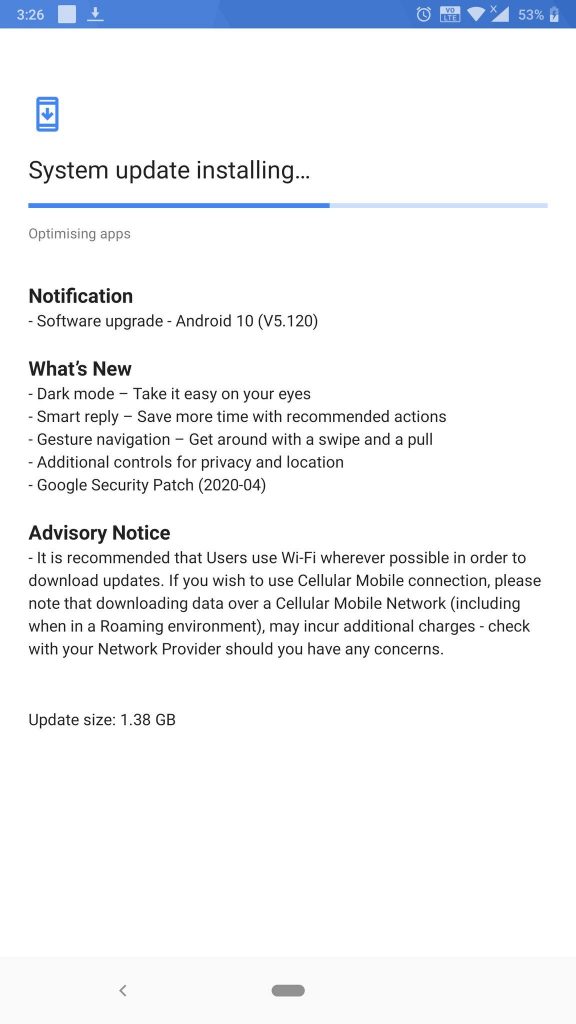 Update notification on Nokia 8 Sirocco