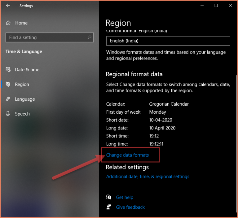 Region settings screen of Windows 10