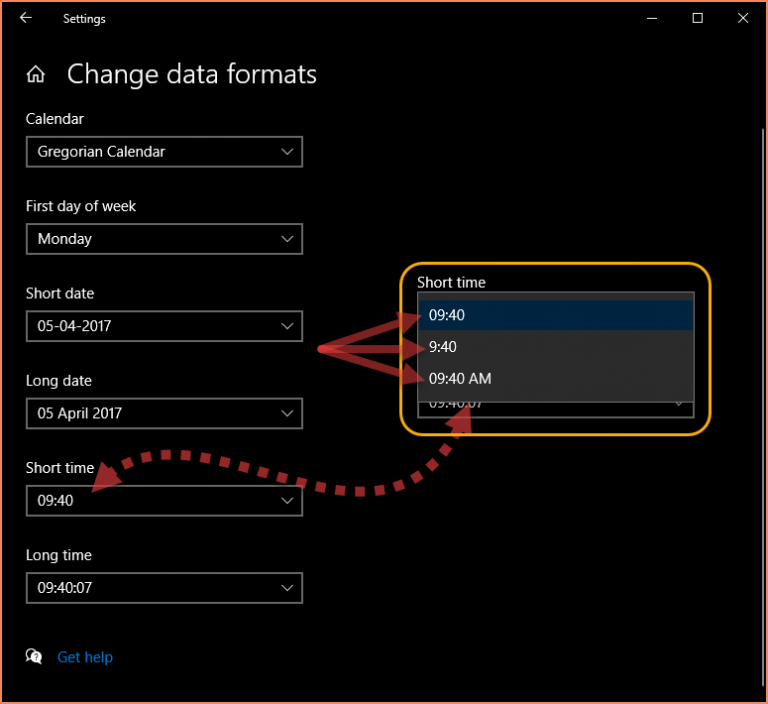 Change data format settings in Windows 10