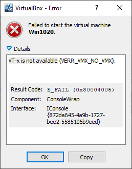 Virtual Box error - VT-x is not available