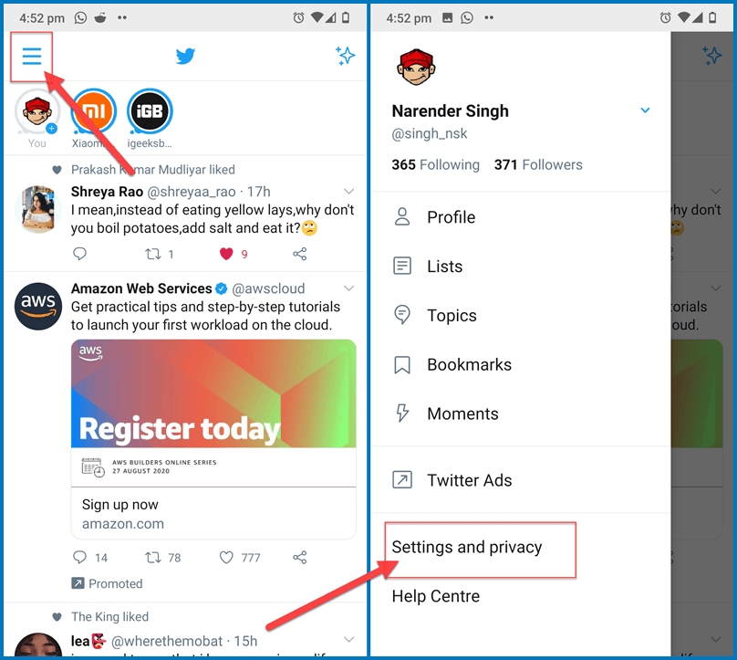 Menu in Twitter Android app