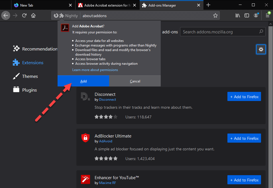 Confirm adding the extension to Firefox