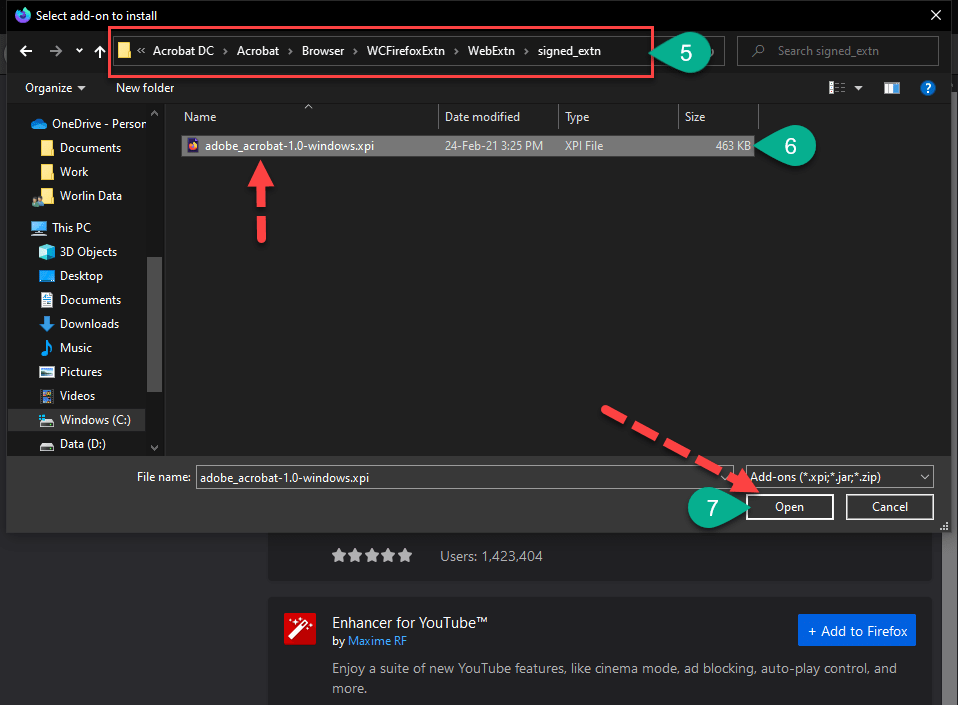 Browse the Adobe Acrobat xpi file to install in Firefox