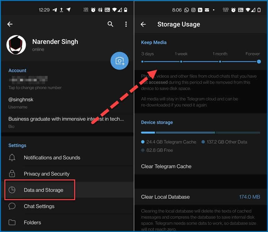 Manage storage usage on Telegram for Android