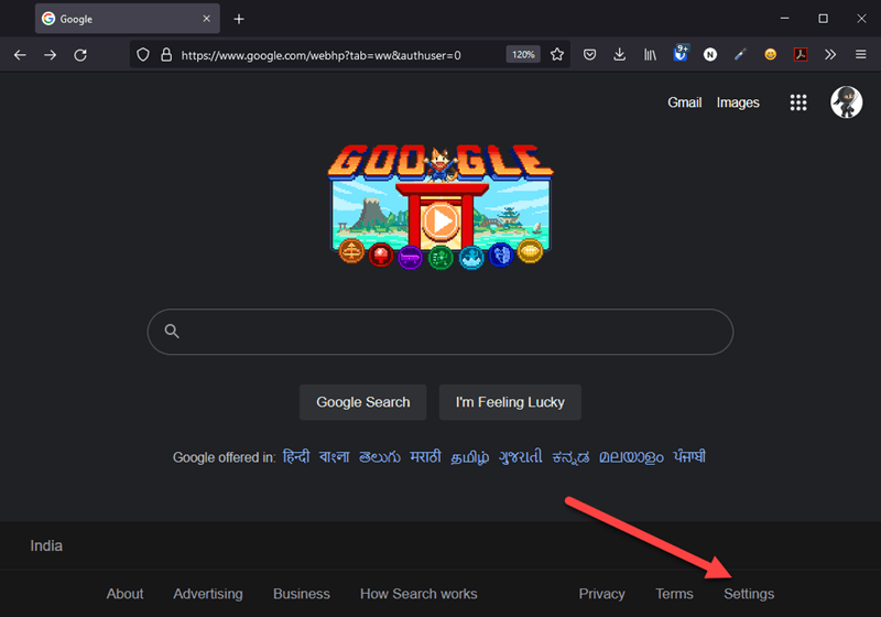 Google homepage settings button