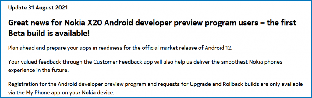 Nokia X20 Beta build availability announcement