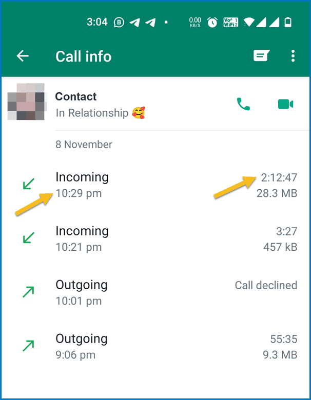 WhatsApp Call info - time, duration and data used