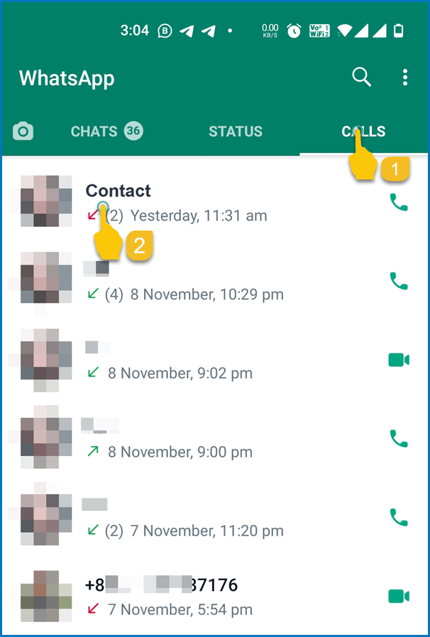 WhatsApp Calls history list