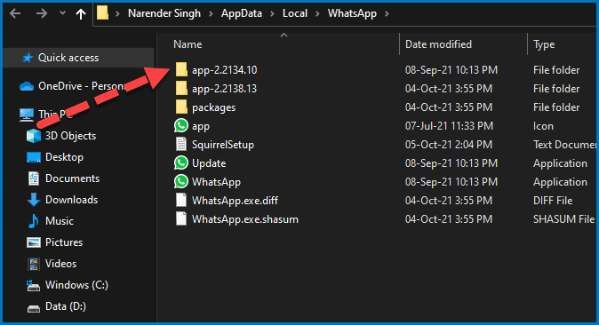Open older version of WhatsApp app from the install directory