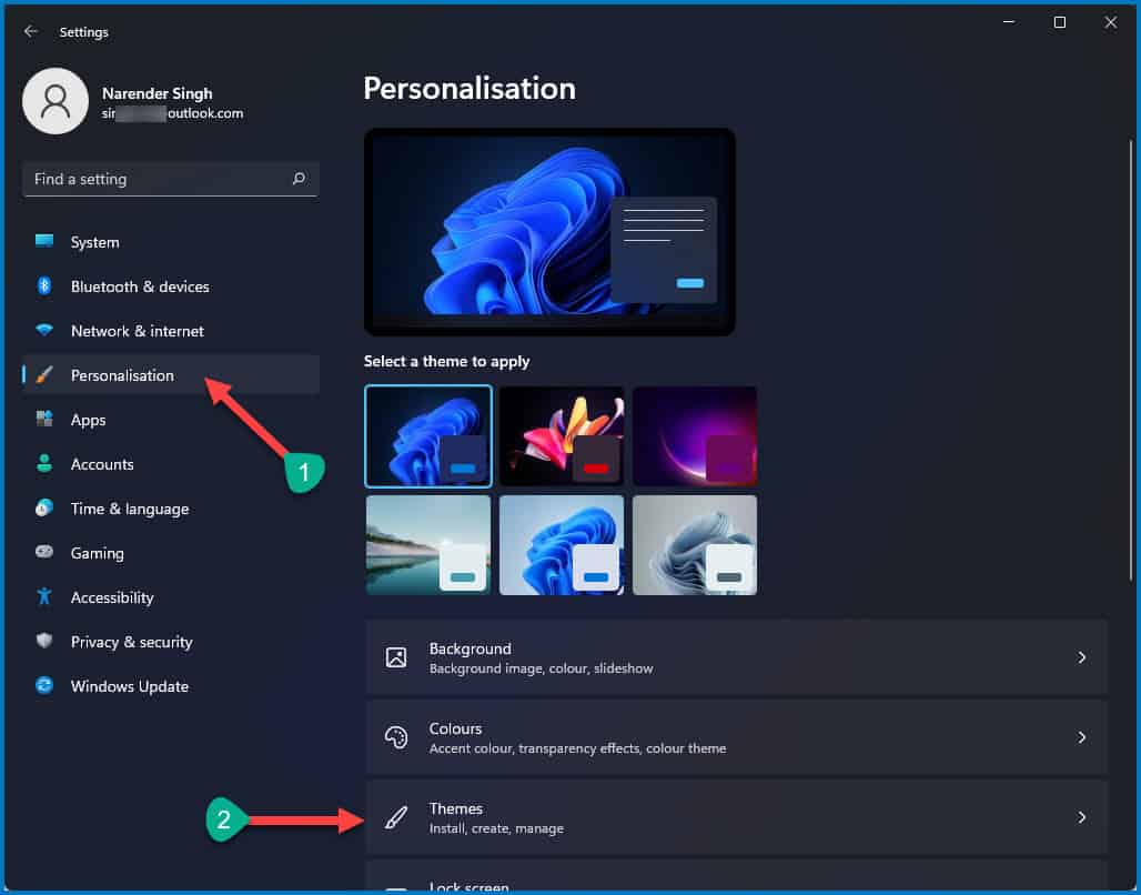 Windows 11 Personalization settings to change Themes