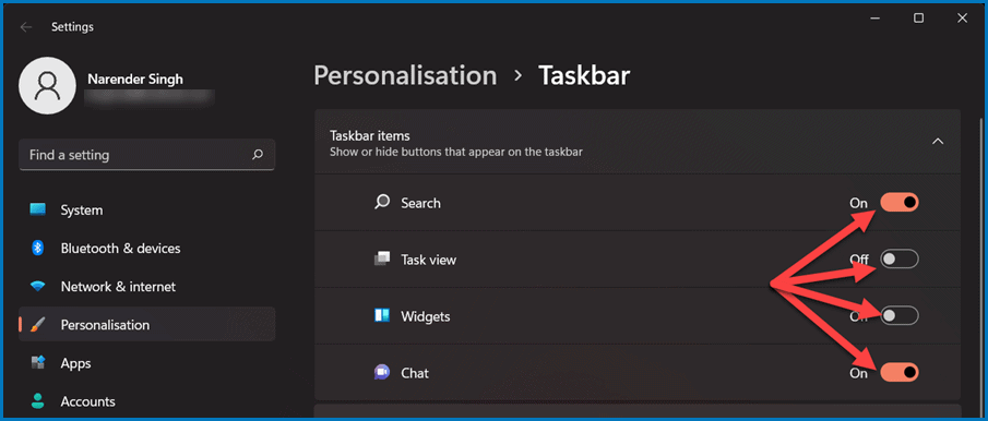 Taskbar settings page in Windows 11 personalization settings