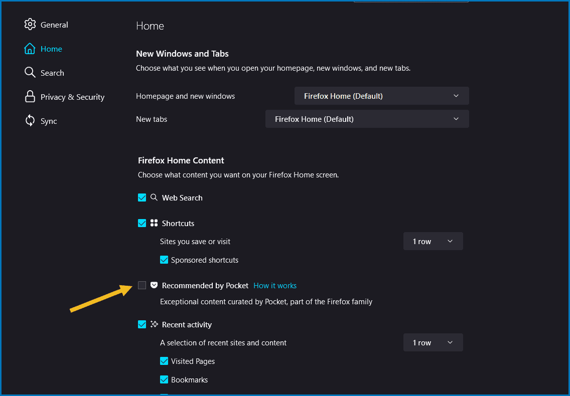 Disable recommended by pocket from Firefox home